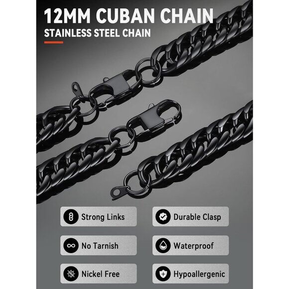 Men's 12mm Black Miami 14K Gold Plated Stainless Steel Cuban Chain Necklaces - Picture 3 of 7